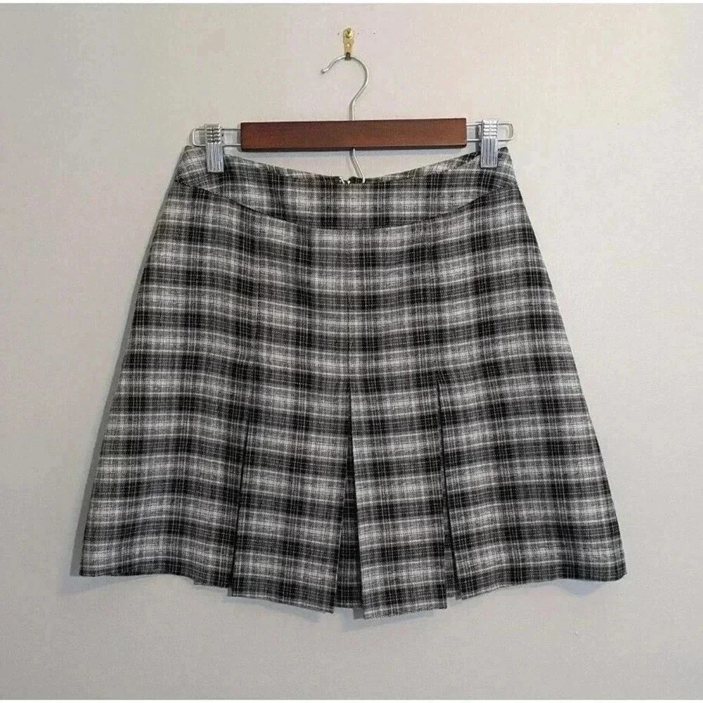 Tracy Evans Ltd Y2K 90s Gray Plaid Pleated Mini Skirt Size 7 Rear Zip USA 1990s